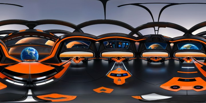 In the heart of a futuristic, ultra-high resolution VR360 spaceship bridge, sleek black showroom floors meet symmetrical rows of detailed controls, glowing with neon orange accents, surrounded by symmetrical computer screens displaying a breathtaking 16K illustration of Earth, seamlessly blending into the panoramic space vista outside.