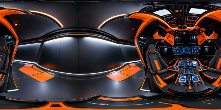 In the immaculate VR360 black spaceship command room, neon orange accents highlight the flawless symmetrical screens amidst intricate detailing, all basking in mesmerizing volumetric lighting. The reflective showroom floors gleam against the backdrop of space, creating a flawless ultra-high-resolution 18k panorama.