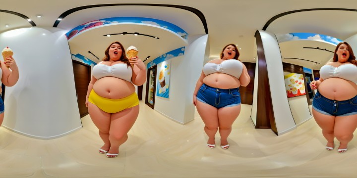 beautiful fat woman eating ice cream in a white top and jean, huge belly, massive hips, very fat