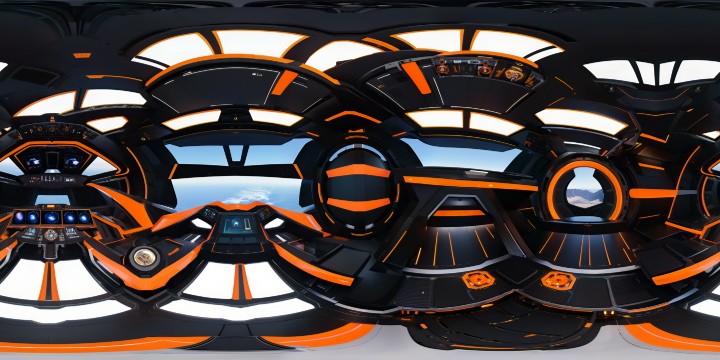 Cutting-edge immaculate spaceship command deck, crafted to perfection in flawless VR360, featuring sleek black surfaces with neon orange accents, symmetrical panoramic screens, intricate controls, and a mesmerizing 8K view of outer space, all within an ultra-high-res masterpiece.