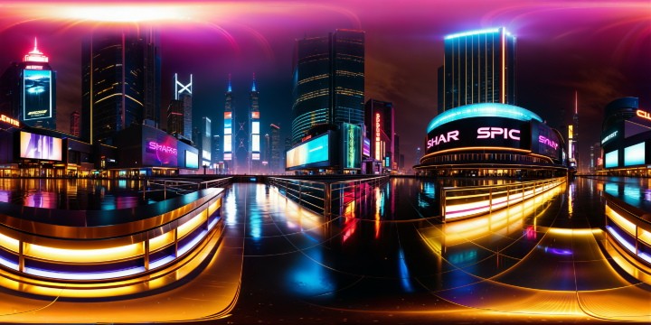 A flawless, ultra-high-resolution cyberpunk cityscape pulsating with neon lights, towering skyscrapers reflecting in rain-slicked streets, holographic billboards casting an iridescent glow against a midnight sky.