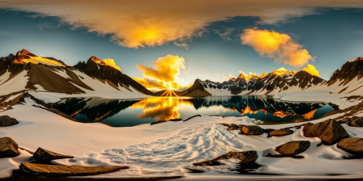 A majestic mountain range silhouetted against a fiery golden sunrise, reflecting in a pristine, glass-like alpine lake, snow gently falling, all captured in ultra-high resolution to showcase flawless details and astounding beauty, emanating serene chill vibes.