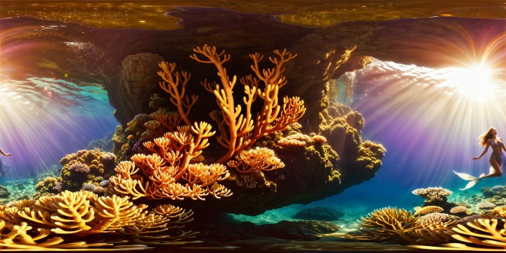 An extraordinary underwater utopia inhabited by graceful mermaids, enveloped in regal shades, surrounded by shimmering coral formations, iridescent pearls, and sparkling sea foliage, ensconced in a radiant, crystal-clear sea under the sun's embrace, a peerless aquatic tapestry portrayed in flawless, ultra-high resolution.