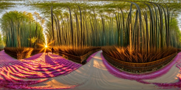 In a flawless bamboo grove, Hu Tao from Genshin Impact radiates among swirling cherry blossom petals under a golden sunset, every detail frozen in a moment of unparalleled beauty, a masterpiece to behold in ultra-high resolution.