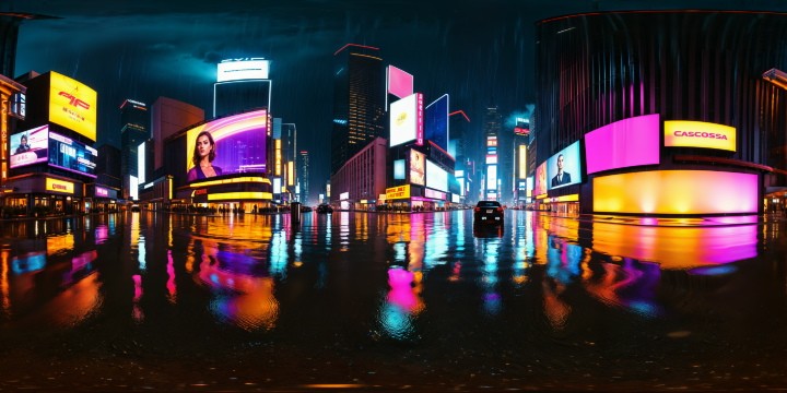 Vibrant cyberpunk cityscape under a neon-infused midnight sky, cascading digitized rain, colossal holographic billboards illuminating reflective wet streets, towering skyscrapers glowing vividly, a perfect digital rain droplets, ultra high definition, a true cinematic masterpiece.