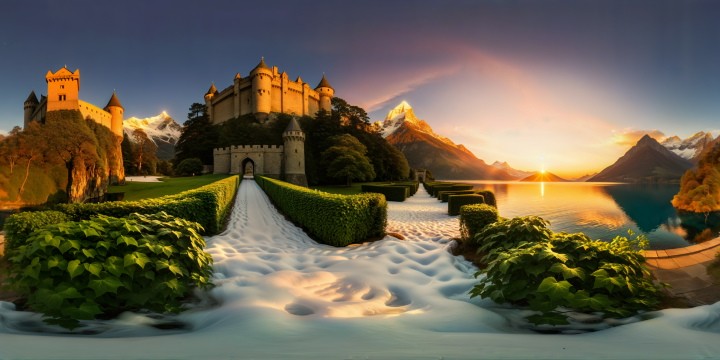 Surrounded by lush greenery, Hyrule Castle stands as a majestic ancient fortress with soaring towers, ivy-clad stone walls, glowing with the hues of the setting sun against a backdrop of snow-capped mountains and a crystal clear lake, the whole scene is an immersive, ultra-high-resolution masterpiece.