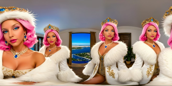 An exquisite, flawlessly detailed VR360 scene featuring a quintet of mature and elegant princesses adorned in luxurious white fur and touches of pink, each with striking blue eyes and radiant gold hair, their graceful poses capturing minute details like highlighted armpits and feline ears, all perfectly optimized for ultra high-resolution immersion with a refined, photorealistic style.