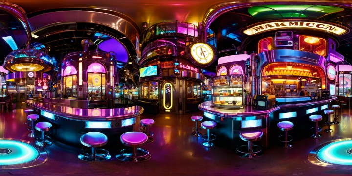 Expansive futuristic maid cafe in a bustling cyberpunk cityscape, gleaming neon lights reflecting off polished chrome surfaces, intricate steampunk machinery scattered around, a seamless blend of high-tech and vintage aesthetics, digital holograms dancing in the air.