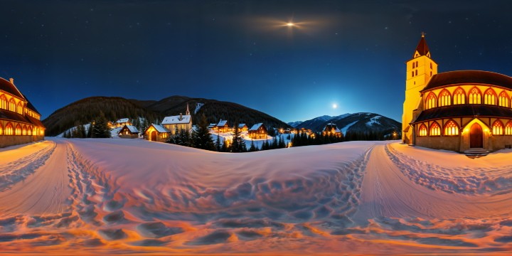 An enchanting snowy village at the edge of a forest, illuminated by the soft glow of a full moon, snow gently falling all around, casting a magical aura over a charming church adorned with intricate stained glass windows, the scene captured flawlessly in ultra high resolution, a true masterpiece.