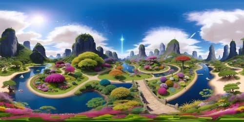 Masterpiece VR360 panorama, ultra-HD, floral opulence. Skyview, Japanese botanical garden, vivid VR360 botanical seascape. Foreground minimalist, grand, sprawling flora dominance. Realistic whimsy touch. High-color intensity, overwhelming VR360 allure.