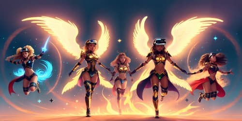 three female angels wearing white leotards with gold trim_they have golden wings_the women have gold halos over their heads_one woman has dreadlocks_two of the women area african american_they are flying_one woman is carrying a flaming green sword_