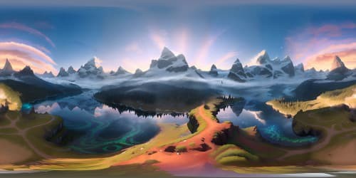 Masterpiece quality, ultra-high res VR360 scene, hidden lake nestled in enchanted mountains, floating wyverns dotting the horizon. Radiant sunset colors bleeding into the sky, pastel clouds caught in the light. VR360 panoramic view, wyverns highlighted against the iridescent backdrop. Realm of fantasy art, the juxtaposition of ethereal mountain peaks, tranquil lake, majestic wyverns.