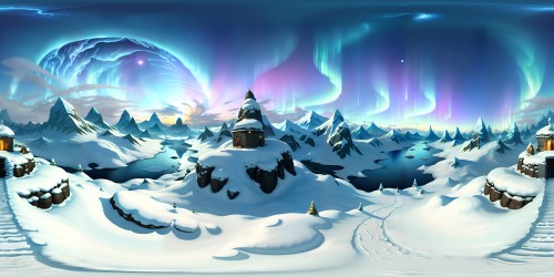Skyrim-inspired VR360, towering snow-covered peaks, ancient stone dragons, dense pine forests. Auroras overhead, mystical swirling hues. High resolution, surreal art style, magnificent VR360 view.