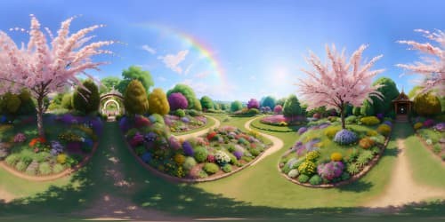 Ultra-HD, floral masterpiece, elevated view, skyview of a VR360 botanical garden, vibrant, rainbow-hued array of blossoms. Minimalist foreground, emphasis on grand, sprawling flora vista. Style: Realism with a whimsical touch, color intensity heightened for VR360 allure.