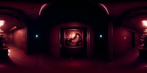 Ultra-high resolution, xenomorph in shadow-draped corridor, gnawing remnants of unknown menace, gruesome tableau. Expansive VR360 view teeming with visceral, crimson-gore details. Underlit, mottled textures, ARRI Alexa cinematography influence. Eerie, chilling VR360 spectacle in gruesome grandeur, darkly artistic.