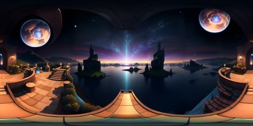 VR360 panoramic view, finest textures, high-quality details, pixar-style rendering. Pristine tranquil lake, celestial dusk sky, subtle gradient hues. Expansive view, delicate constellation patterns, dreamy nebula swirls. VR360 perfection, floating orbs of light, ethereal glow, seamless merging with sky canvas.