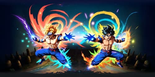 VR360 masterpiece, ultra high res Goku Ultra Instinct, detailed energy aura, exploding particles, glowing hair. Anime style with high saturation, robust line art, dimensional perspective.