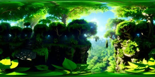 Lush jungle canopy overhead, cascading sunlight shafts, vivid green foliage, exotic flowers, dense undergrowth, towering ancient trees, intertwining vines. No foreground elements, primarily VR360 sky, Jungle-infused surreal art style, ultra-high resolution, quality masterpiece, visually absorbing VR360 vista.