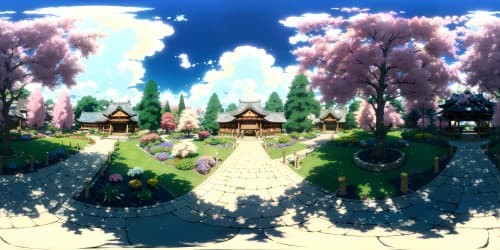 Ultra-HD, floral spectacle, grand VR360 skyview, Japanese botanical garden. Expansive cascade of rainbow hues, minimalist foreground details. Realistic style, subtly whimsical, color intensity amplified, VR360 visual engagement.