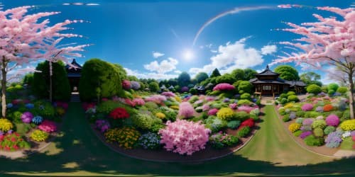 Ultra-HD, floral masterpiece, elevated view, skyview of a VR360 botanical garden japanese, vibrant, rainbow-hued array of blossoms. Minimalist foreground, emphasis on grand, sprawling flora vista. Style: Realism with a whimsical touch, color intensity heightened for VR360 allure.