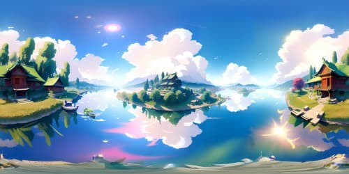 Masterpiece, VR360 view, ultra-high resolution, stylized in Chinese ink. Misty clouds, solitary boat drifting, tranquil river. VR360 perspective, traditional, classical ambiance.