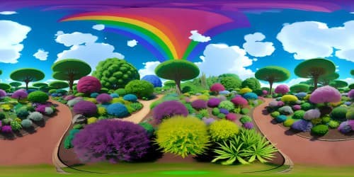 Ultra-HD VR360, Japanese botanical garden skyview, vibrant rainbow-colored blossoms, minimalist foreground, emphasis on grand flora panoramic. Realism style with whimsical touch, high-saturation colors. VR360 experience, floral masterpiece.