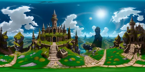 VR360 masterpiece, ultra high-resolution digital painting, towering castle, ornamental spires, moss-laden stone walls. Majestic VR360 perspective, azure sky, fluffy clouds, turning twilight. Fantasy art style, soft yet vibrant colors, stunning detail, depth, and texture.