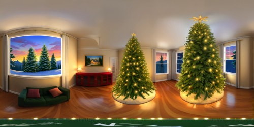 A flawless, breathtaking living room with a small, meticulously detailed green pine tree gleaming at the center, delicate lights casting a warm glow, creating a cozy and enchanting holiday atmosphere flooded with soft light, golden hour streaming in from large, open windows.
