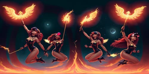 five female angels wearing red leotards with gold trim_they have golden wings_the women have gold halos over their heads_one woman has dreadlocks_two of the women are  african american_they are flying_one woman is carrying a flaming green hammer.