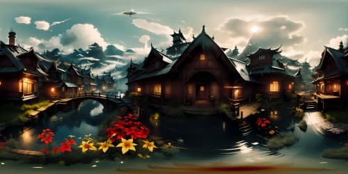 VR360 Chinese ink-art, ultra-high res, drifting solitary boat in cold tranquil river. Veil of misty clouds, blend of classical and traditional in VR360 masterpiece. Emphasis on best quality.