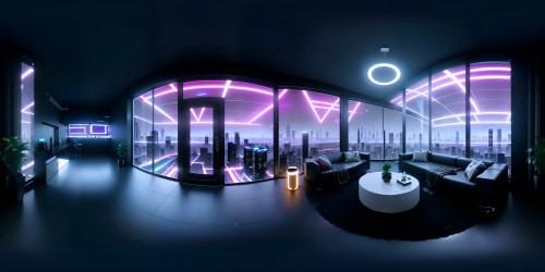 High-quality masterpiece, ultra high-res VR360, urban metropolis sightline through floor-to-ceiling windows, twinkling cityscape night view. Indoor setting, minimalistic, sleek apartment room. Futuristic design elements, contrast dark and neon colors. Digital painting style VR360 room aesthetics.
