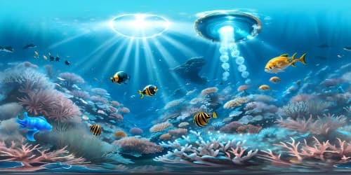 VR360 underwater realm, vibrant marine flora, coral reefs, floating jellyfish in ultra high-res, pearly bubbles, sun rays piercing water. Style: Masterpiece, best quality, luminescent color palette.