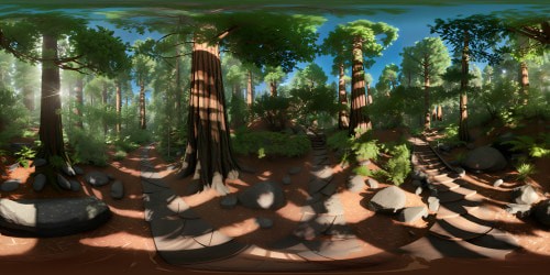 VR360 masterpiece, ultra high-res, Redwood forest, sunset trail. Muir woods, Mariposa grove, dominating trees, luminous rays, twilight hues. Photorealistic style, detailed bark texture, leaf clusters. Rejuvenating VR360, immersive journey.