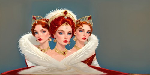 In a perfectly detailed, ultra high-resolution image, five regal princesses in their forties, adorned in white fur coats and gold hoop earrings, their lips glistening with red gloss, crouch gracefully, arms wide above their heads; among them, striking blue-eyed and red-haired beauties, one cradling a long white feather, evoke an air of elegance and poise in a scene reminiscent of a royal soirée, with intricate details down to the unrivaled quality of cat ears