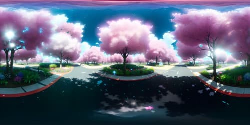 Ultra HD, realistic yet whimsical VR360 botanical spectacle, sky-high over Japanese floral masterpiece, Vibrant, rainbow color intensity heightened, minimal foreground for VR360 panoramic view, grand, sprawling vista of blossoms.
