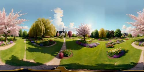 Ultra-HD, floral masterpiece, skyview of a VR360 botanical garden, vibrant, rainbow-hued array of blossoms. Minimalist foreground, emphasis on grand, sprawling flora vista. Style: Realism with a whimsical touch, color intensity heightened for VR360 allure.