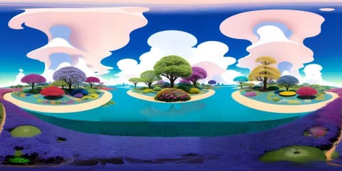 VR360 skyview, ultra-HD masterpiece, Japanese botanical garden. Vibrant, multi-hued floral expanses, minimalist foreground. Style: heightened realism, whimsical undertones, color intensity maximized for VR360 visual feast.