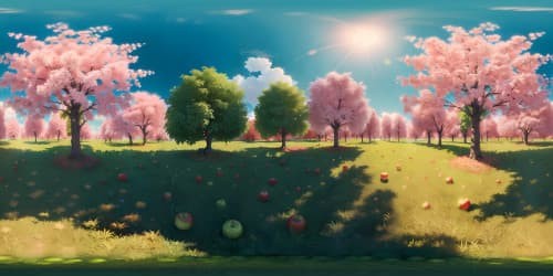 Ultra-high resolution, VR360 digital painting, brilliantly colored apple tree, robust branches, spherically arranged, glossy, ripe red apples scattered, intricate foliage, soft clouds, mesmerizing azure sky background, masterpiece quality.