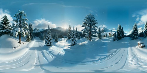 Masterpiece quality, ultra high-res VR360 scene, unadorned Christmas tree, noble fir- strong branches, needled majesty. Packed snow, twinkling under soft, diffused light, serene ambiance. Pixar-style, depth-filled environment, captivating attention, mesmerizing in VR360 view.