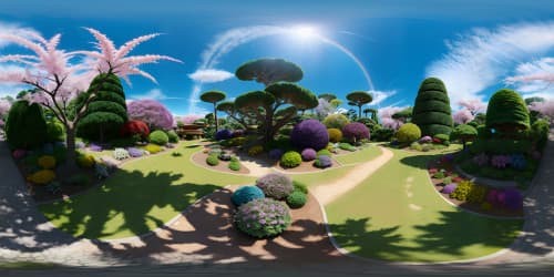 Ultra-HD, VR360 Japanese botanical garden, pride in floral masterpiece, elevated skyview. Vivid, rainbow-toned blossoms, engrossing VR360 spectacle. Foreground minimalism, focus on grand, expansive flora panorama. Realism style, whimsical charm, intensified colors for mesmerizing VR360 effect.