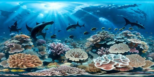 five seahorses with one manta ray in great coral reef with one scuba diver 