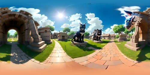 Anime-style VR360 view, monumental cat statue, exaggerated proportions, stone texture. Piercing sun-like eyes, heat mirages, blazing sun flares reflecting. Ultra-high-res masterpiece, grandeur in VR360. Vivid hues, crisp-edge artistry.