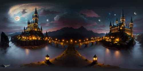 Ultra high-res VR360 view, Hogwarts School of Witchcraft and Wizardry in silhouette, castle turrets kissing the clouds, mystical floating lanterns in the twilight sky. Masterpiece style, intricate detailing, glowing moonlight, shimmering stars. VR360 immersive Hogwarts magic.