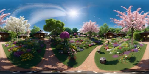 Ultra-HD, floral masterpiece, elevated view, skyview of a VR360 botanical garden, vibrant, rainbow-hued array of blossoms. Minimalist foreground, emphasis on grand, sprawling flora vista. Style: Realism with a whimsical touch, color intensity heightened for VR360 allure.