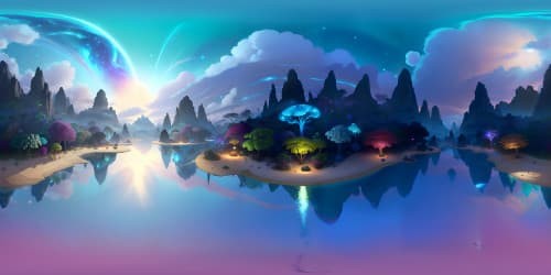 VR360 view, Pandora from Avatar, bioluminescent flora, floating mountains. Extraordinary world in ultra-high resolution, masterpiece art style. VR360 immersive experience, vivid colors, harmonious ecosystem, surreal and fantasy-like.